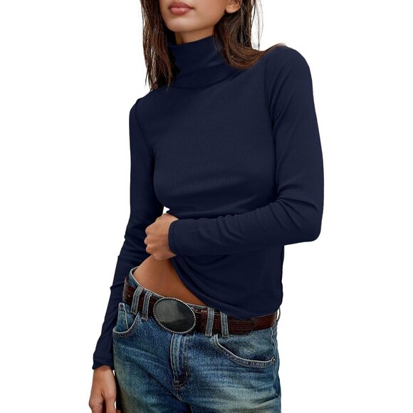 Women's Undershirts Dark Blue All Long Sleeve Ribbed Slim Top Tees - Picture 4 of 5